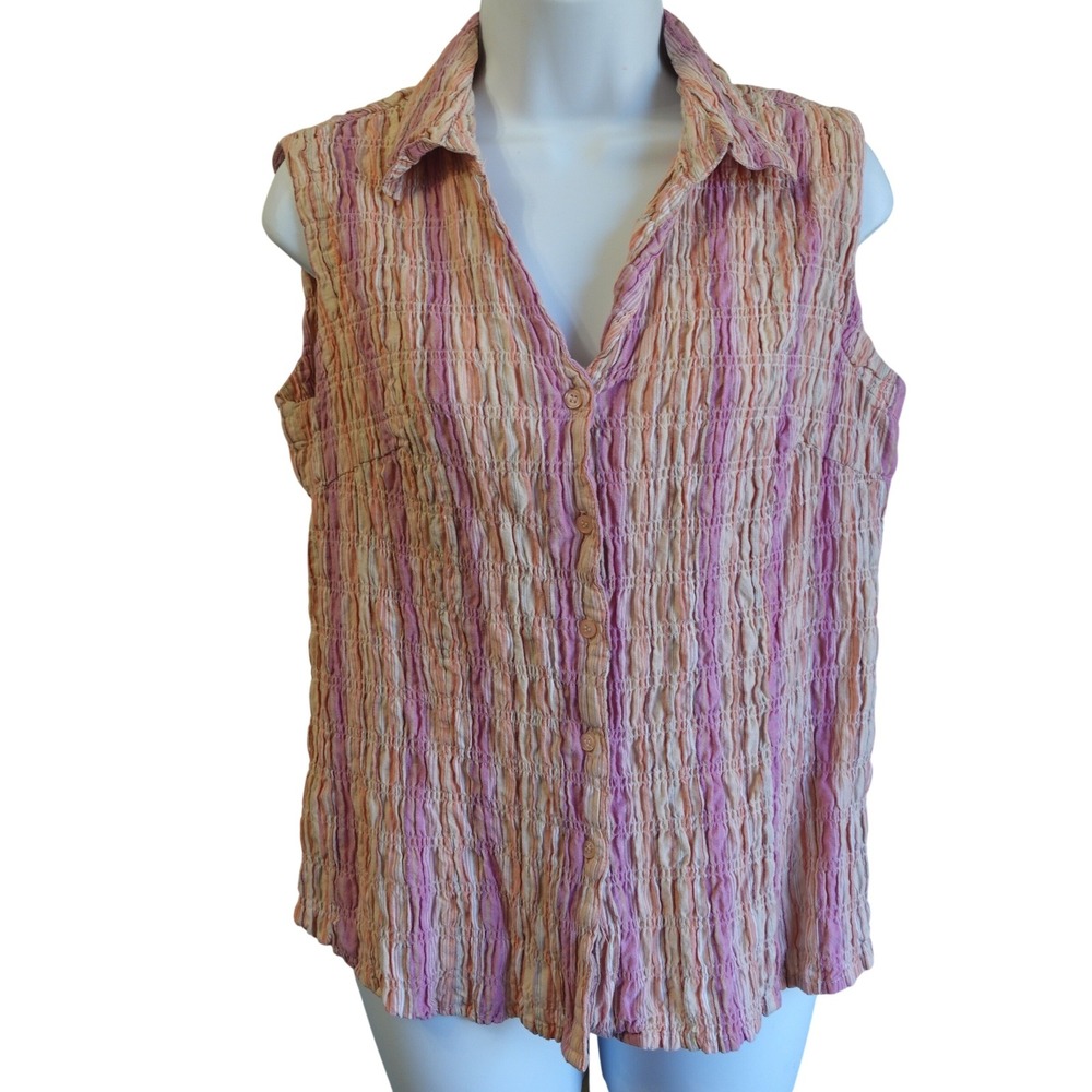 Vtg 90s Sleeveless Striped Crinkle Button Up Shirt Women 12 Pink‎ Peach Cotton